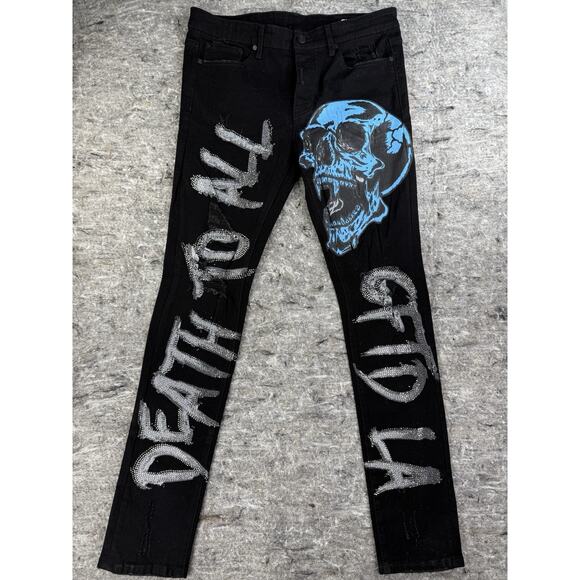GFTD Los Angeles‎ Jeans Mens 36x33 Black White Death To All Skull Distressed - Picture 1 of 13